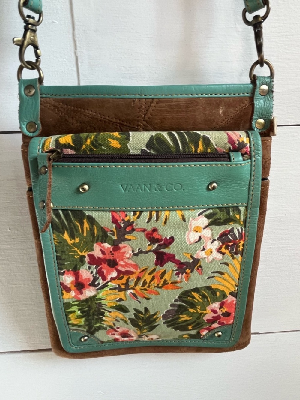 Vaan & Co Floral Canvas and Teal Leather Crossbody Bag